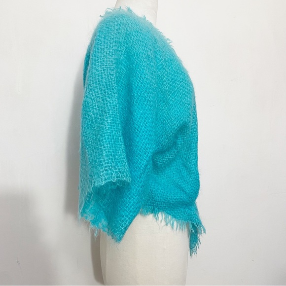 Hand Made Unique woven raw frayed edge shrug jacket shaped front Aqua L/XL - Picture 2 of 7